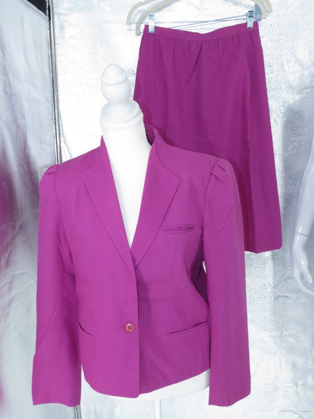 Vintage Central Park Skirt Suit Magenta 12 Puff Sleeve Blazer Midi Set Retro